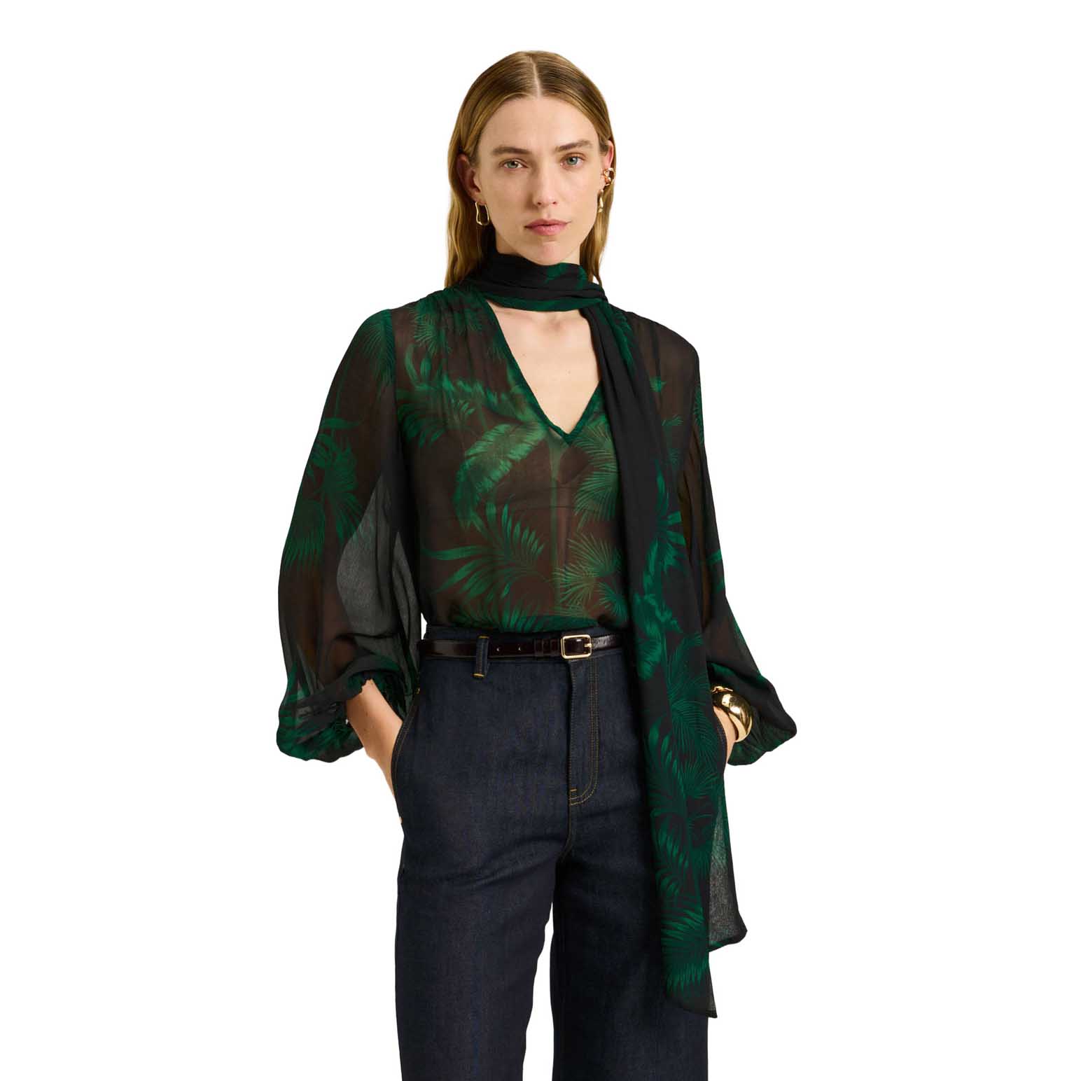 Veronika Maine Emerald Palm Crinkle Georgette Blouse